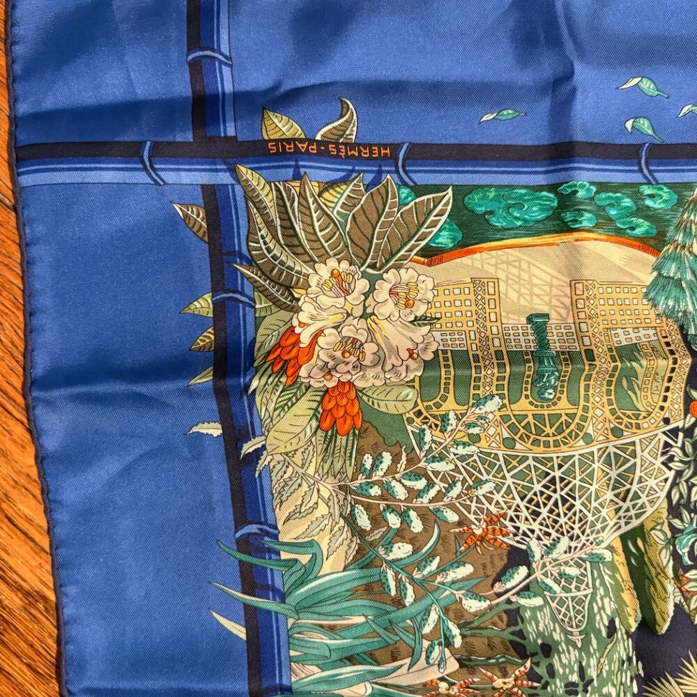 hermes annie faivre jardin l'hiver 90 silk scarf blue - Picture 2 of 6